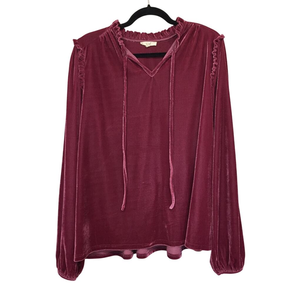 Easel Dark Romantic Burgundy Crushed Velvet Blouse Ruffle Collar Boho Chic Sz: L